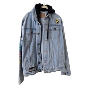 Rue21 Mens Large Hooded Denim Jacket Light Wash Trippy Smiley Face Drip Graphic